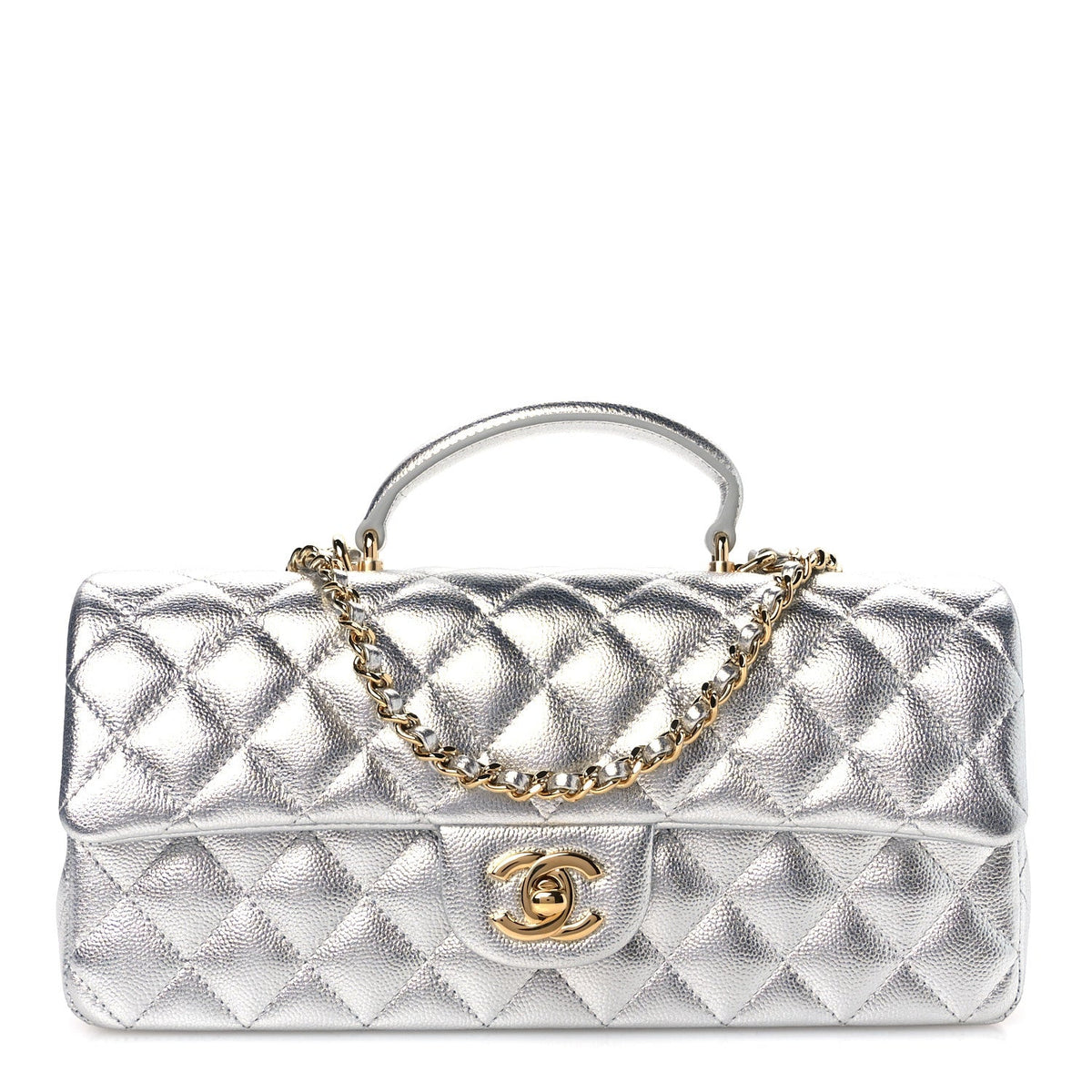 Metallic Caviar Quilted Top Handle East West Flap Silver