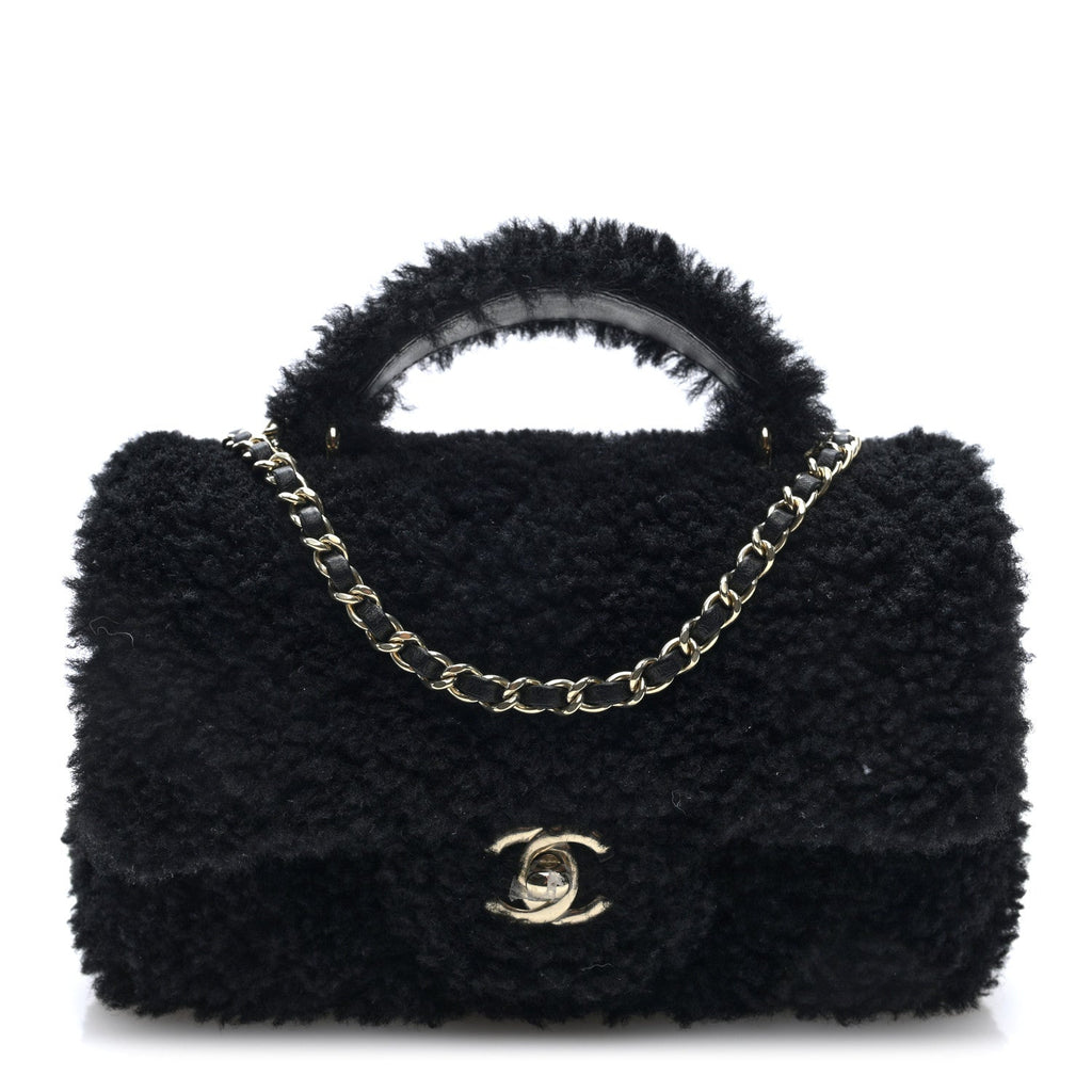 Shearling Quilted Mini Top Handle Rectangular Flap Black