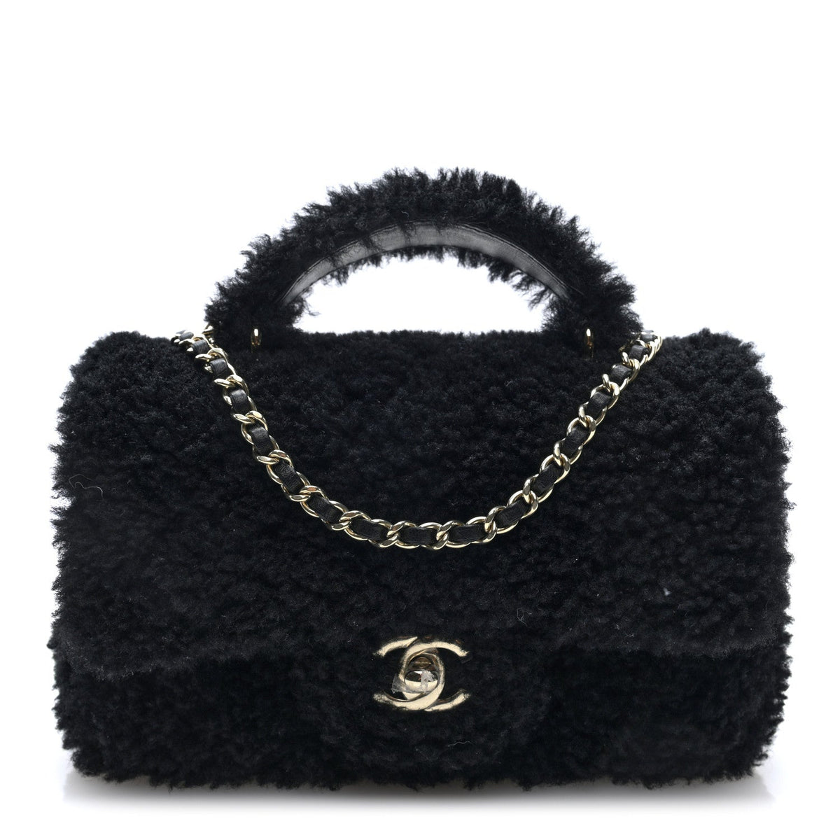 Shearling Quilted Mini Top Handle Rectangular Flap Black