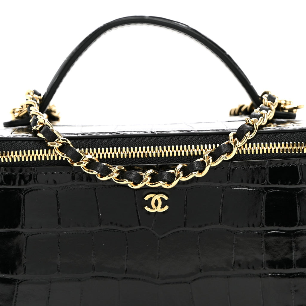 Calfskin Crocodile Embossed Crococo Small Top Handle Vanity Case With Chain Black