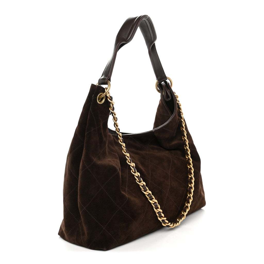 Suede Calfskin Lambskin Quilted Large Maxi Hobo Dark Brown