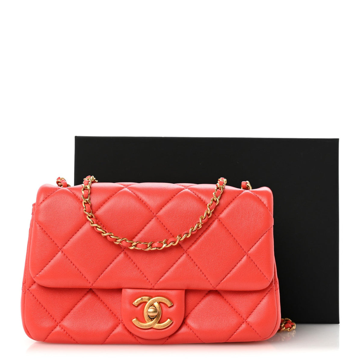 Lambskin Quilted Pearl Small Flap Dark Orange