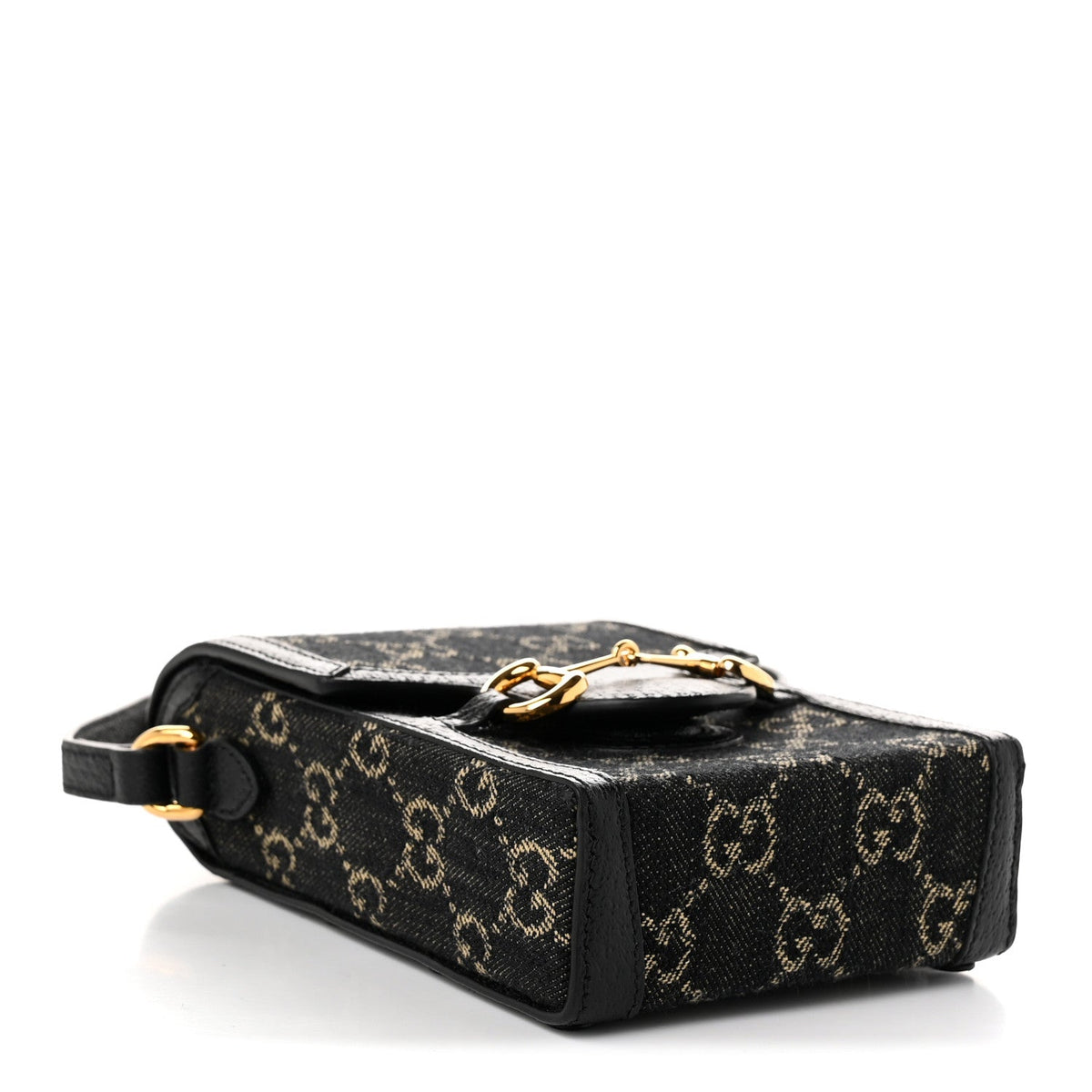 Jacquard Black Denim GG Monogram Textured Dollar Calfskin Mini Horsebit 1955 Crossbody Bag Black Ivory