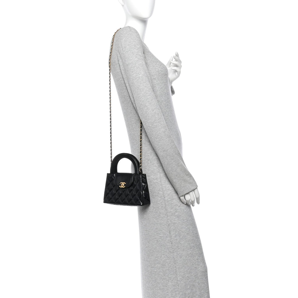 Shiny Aged Calfskin Quilted Nano Kelly Shopper Black
