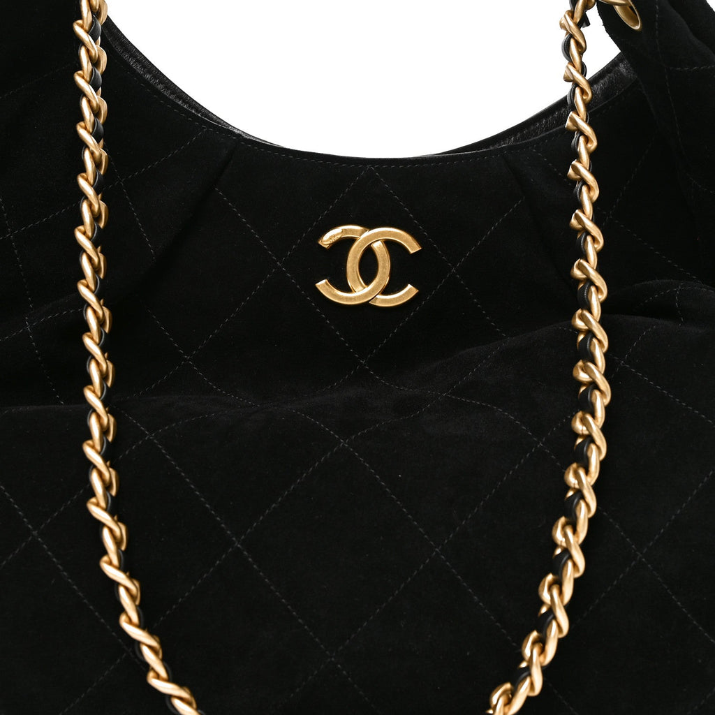 Suede Calfskin Lambskin Quilted Maxi Hobo Black