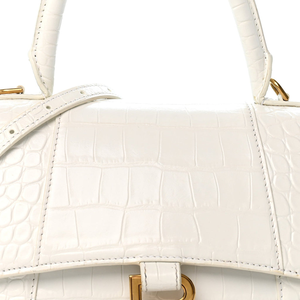 Calfskin Crocodile Embossed Small Hourglass Top Handle Bag White