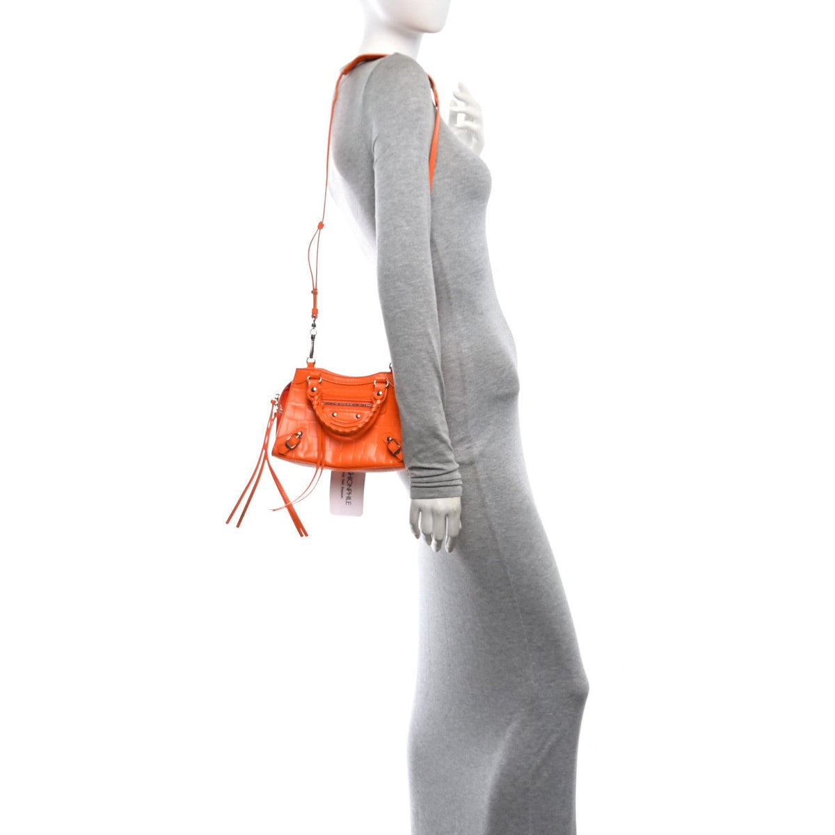 Semi Shiny Calfskin Crocodile Embossed Neo Classic Silver Hardware Mini City Orange