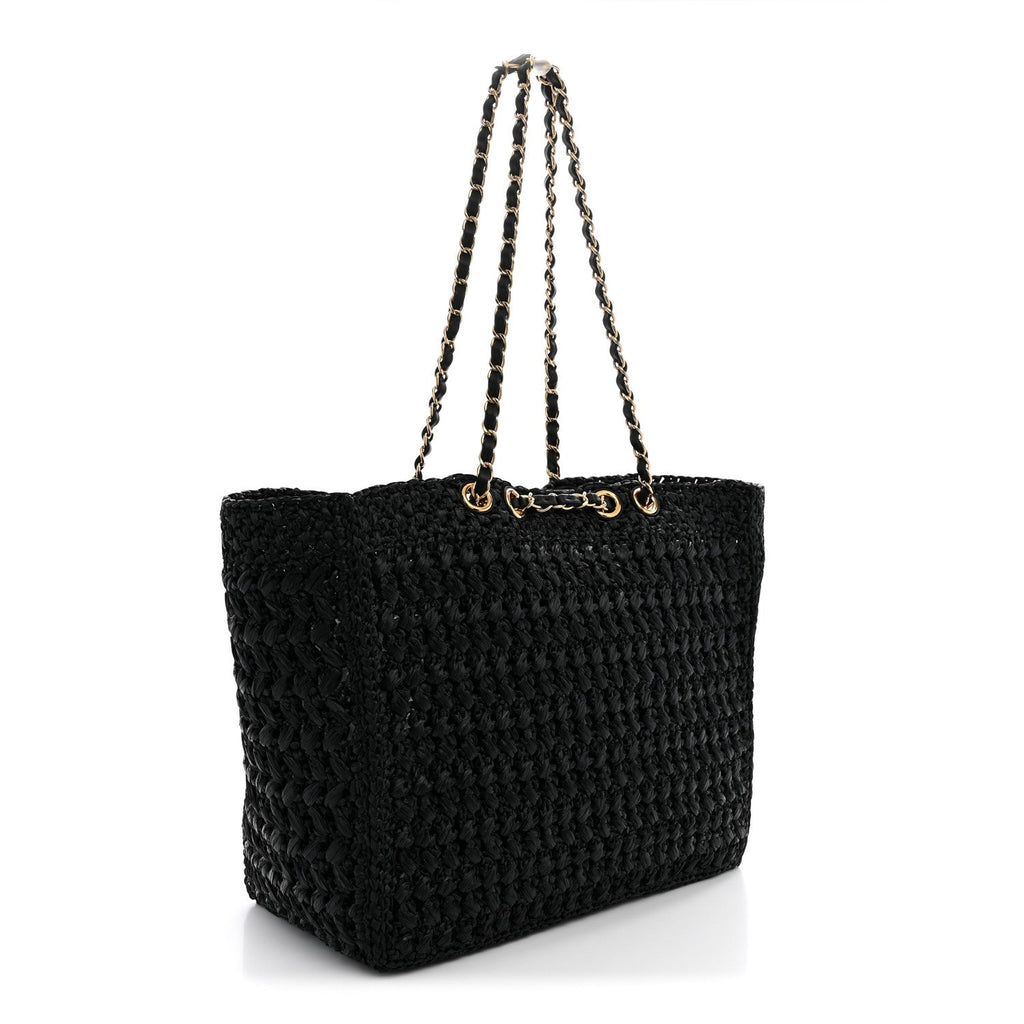 Raffia Effect Calfskin Coco Beach Shopping Tote Black