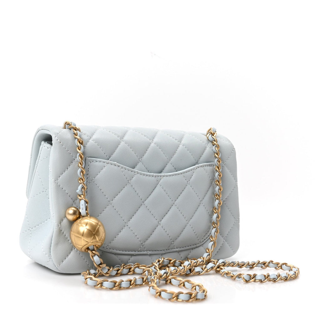 Lambskin Quilted Mini Rectangular Pearl Crush Flap Light Blue