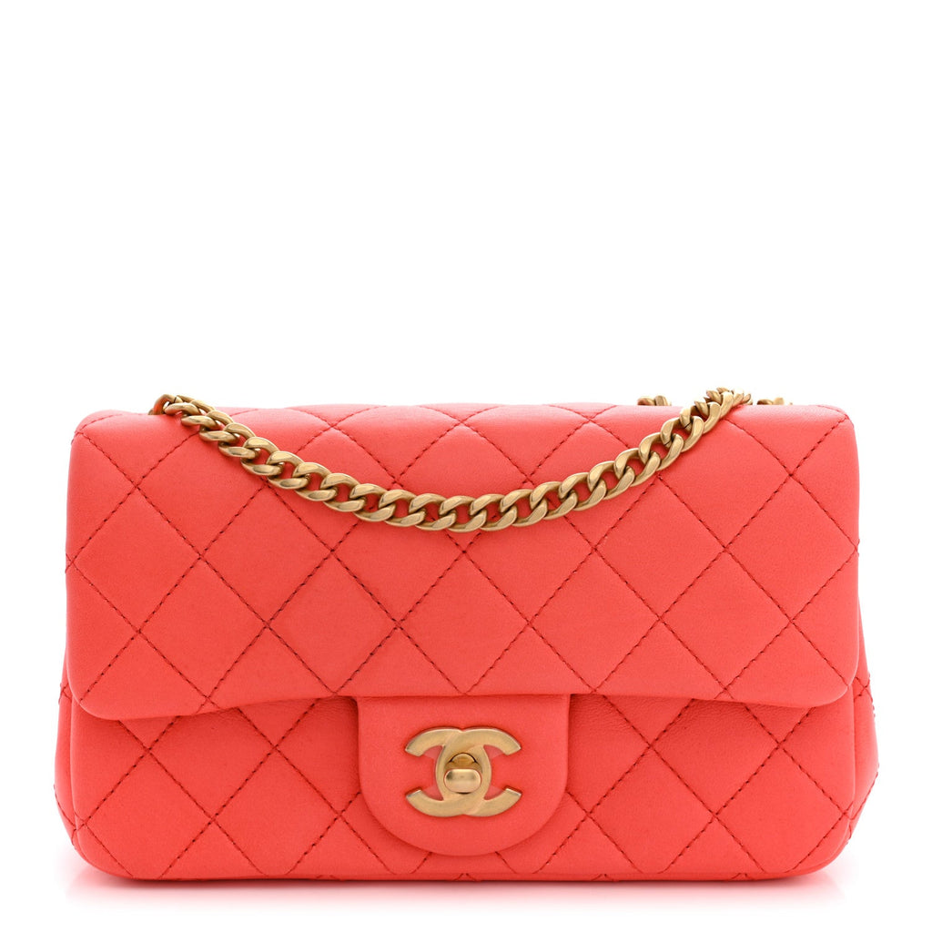 Lambskin Quilted Mini Rectangular Sweet Camellia Flap Coral