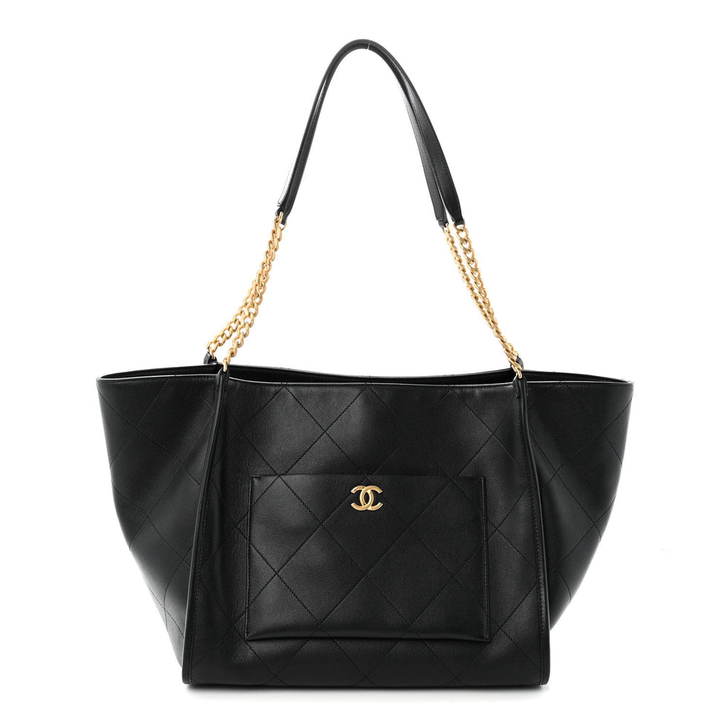 Caviar Stitched Pocket CC Large Tote Black