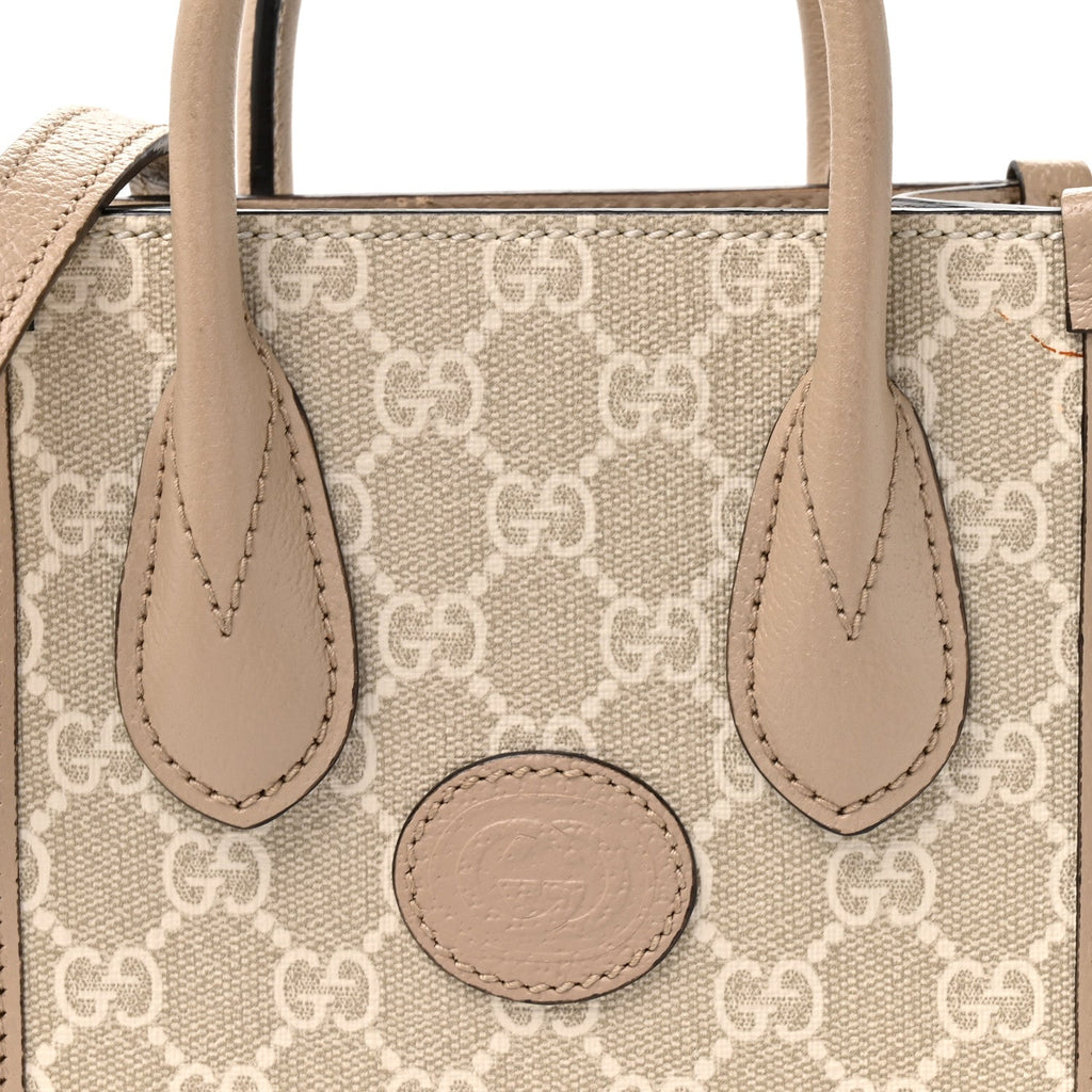 GG Supreme Monogram Textured Dollar Calfskin Mini Retro Interlocking G Tote Bag Beige Mystic White Oatmeal
