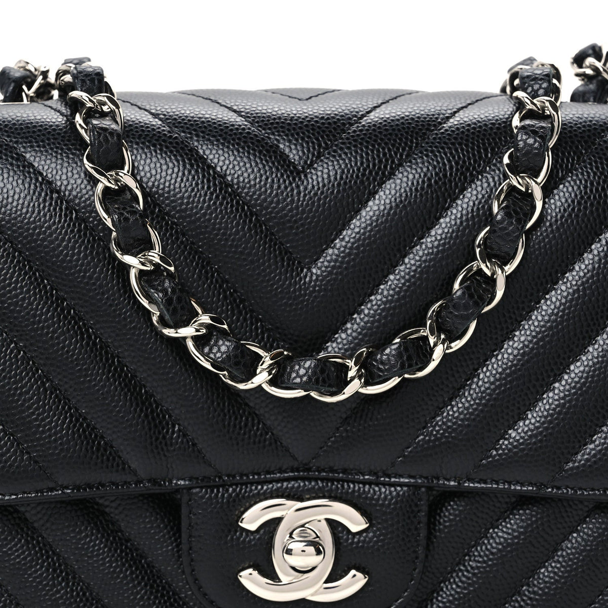 Caviar Chevron Quilted Mini Square Flap Black