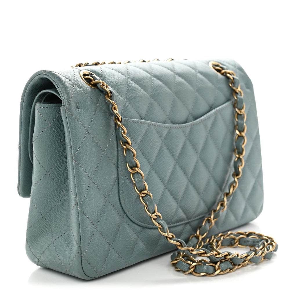 Iridescent Caviar Quilted Medium Double Flap Light Blue