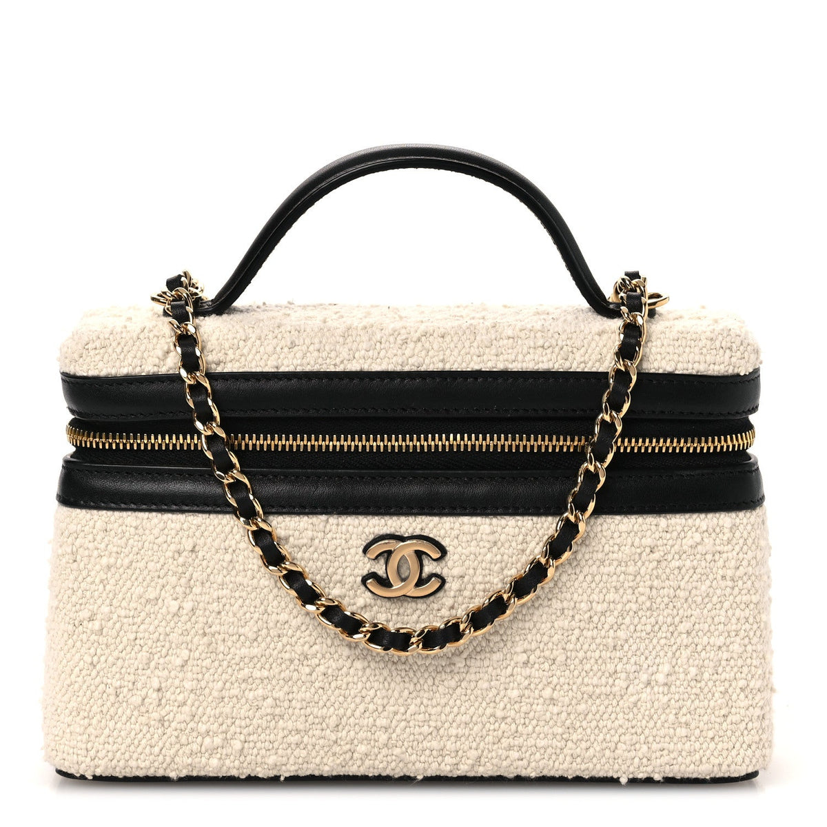 Boucle Calfskin Top Handle Slim Vanity Case With Chain Ecru Black