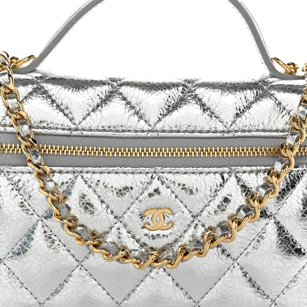 Metallic Calfskin Quilted Top Handle Slim Vanity With Chain Silver