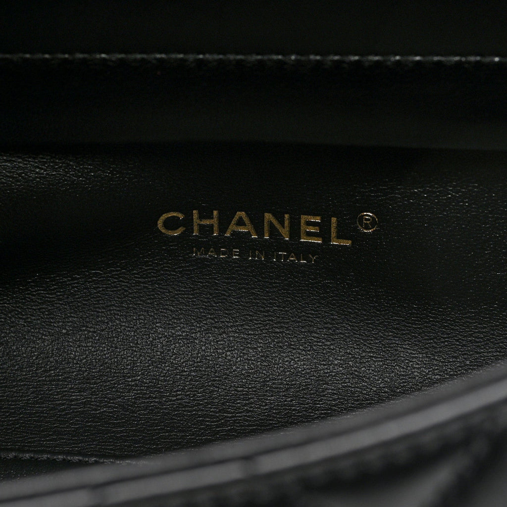 Shiny Lambskin Pearl Top Handle Flap Shopping Bag Black