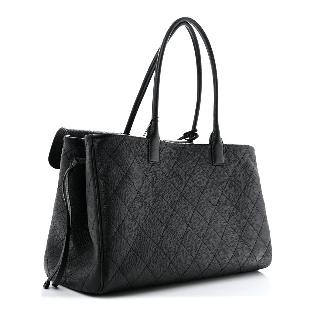 Grained Calfskin Stitched Urban Essentials Shopping Bag Black