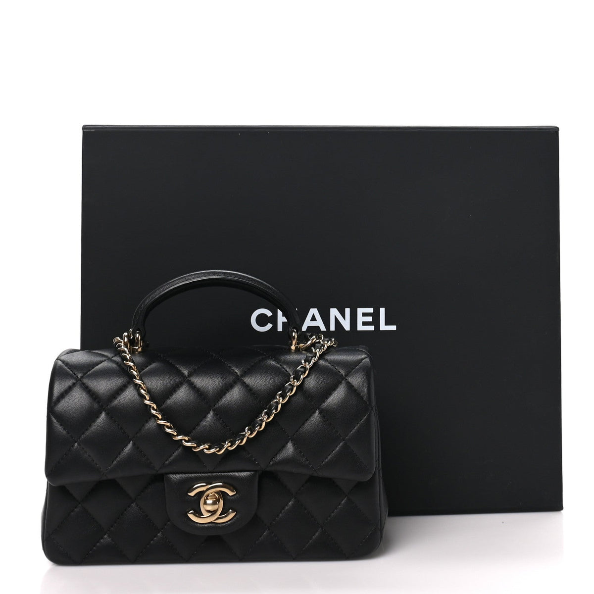 Lambskin Quilted Mini Top Handle Rectangular Flap Black