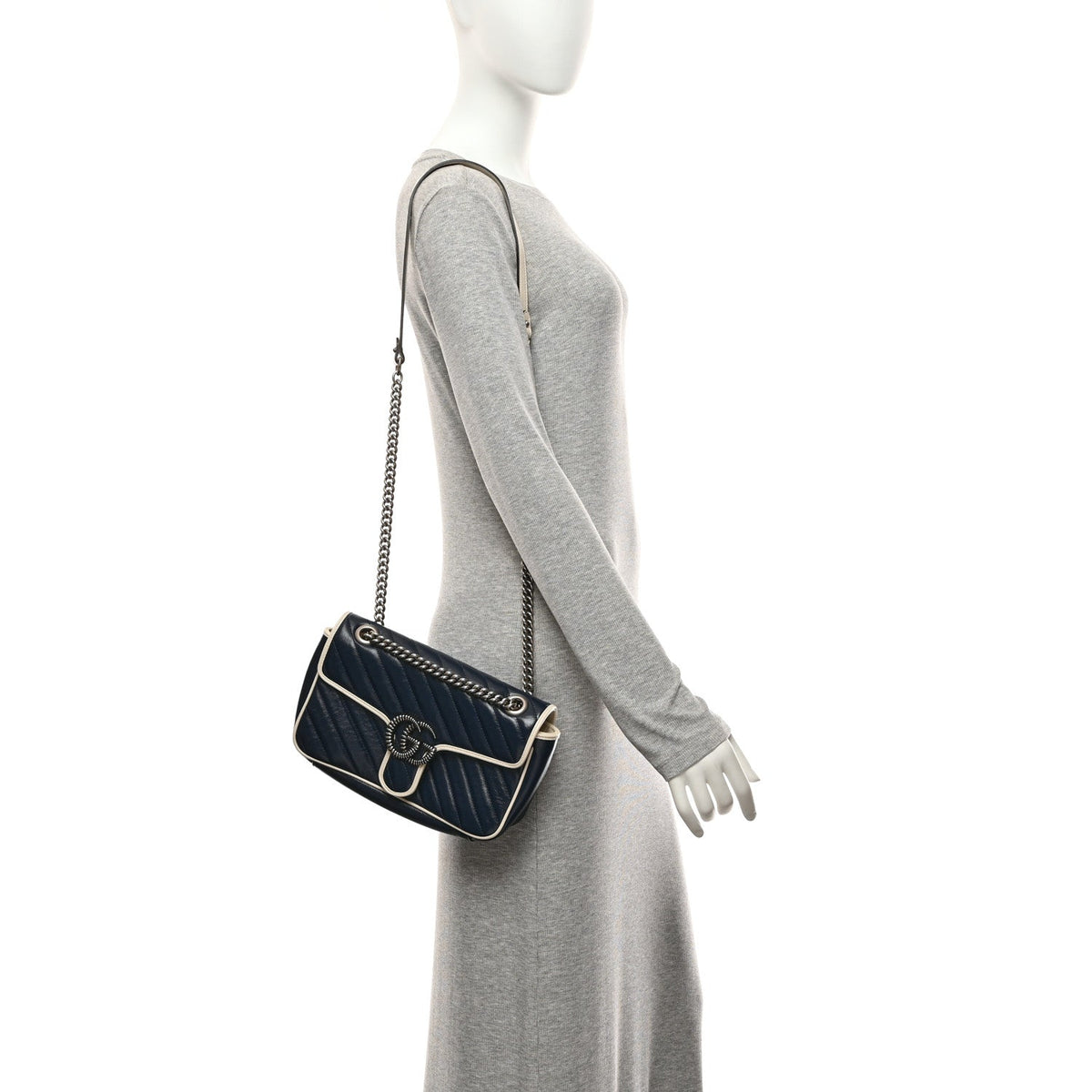 Vintage Effect Calfskin Matelasse Diagonal Small Torchon GG Marmont Shoulder Bag Blue Agata Mystic White