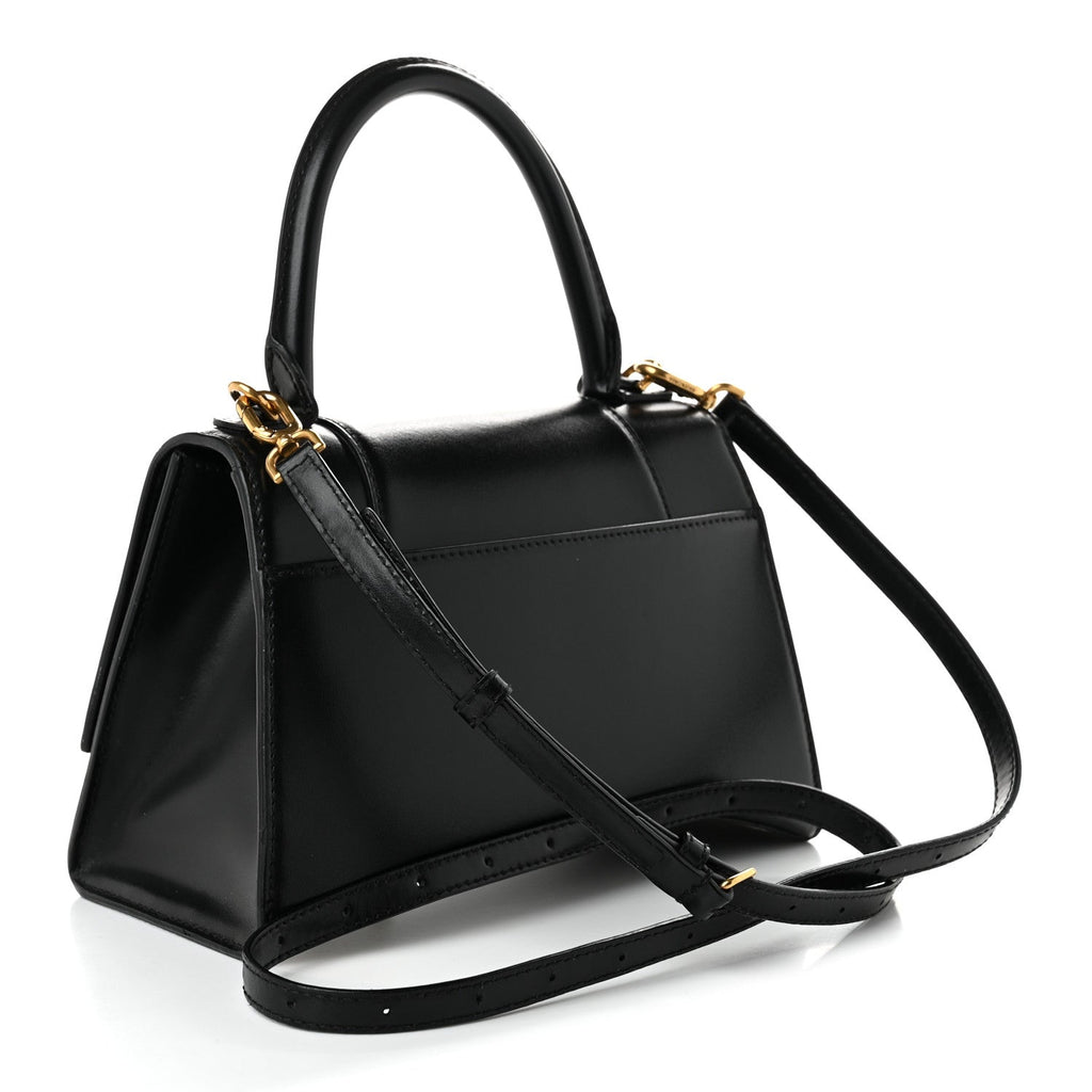 Shiny Box Calfskin Small Hourglass Top Handle Bag Black