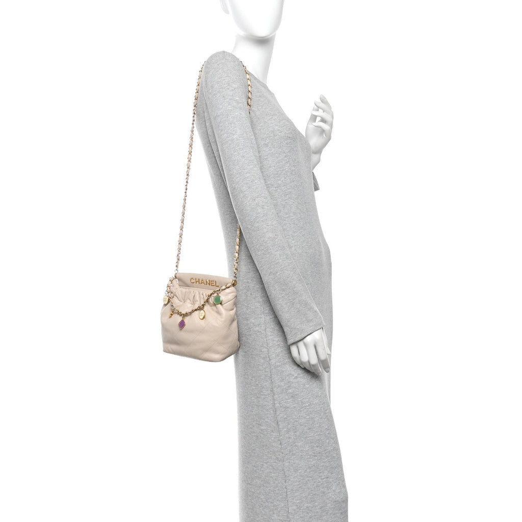 Lambskin Resin Quilted Small Bucket Bag Beige