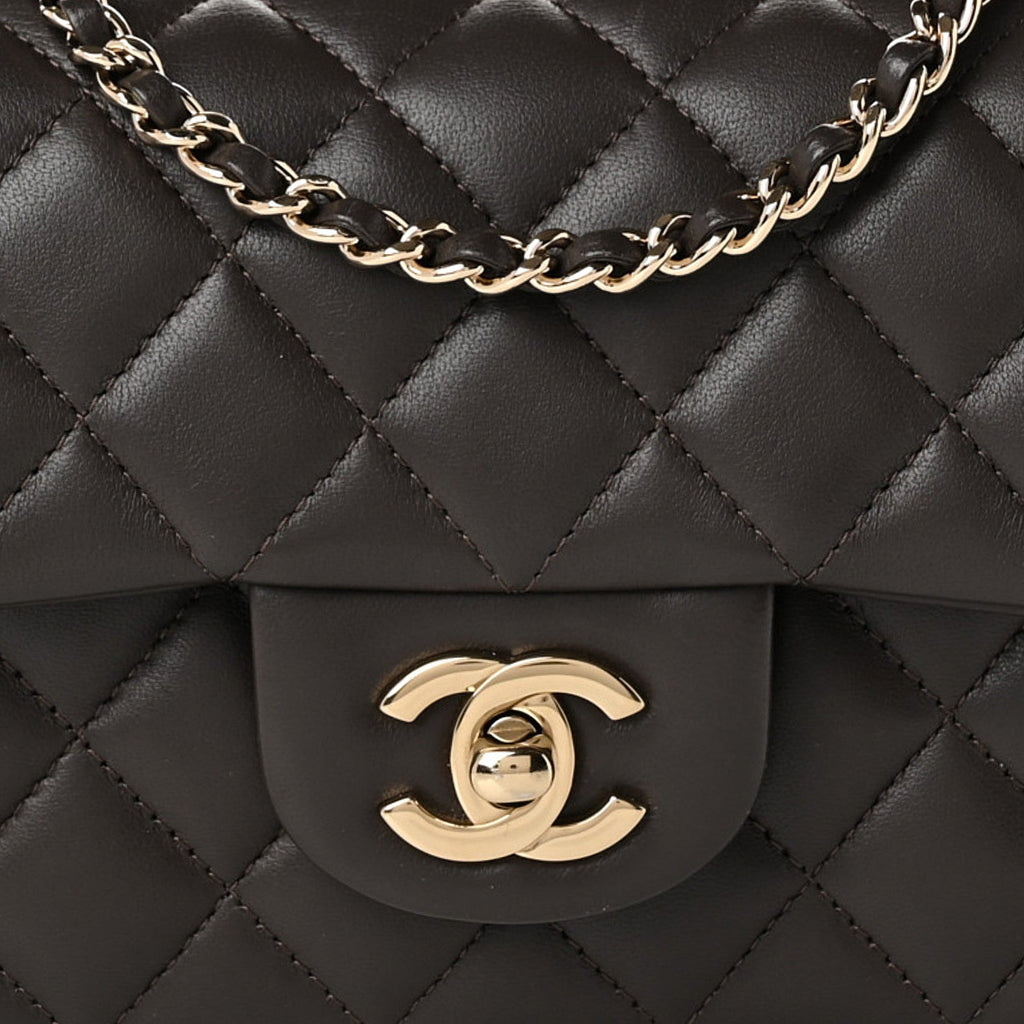 Lambskin Quilted Mini Top Handle Rectangular Flap Dark Brown