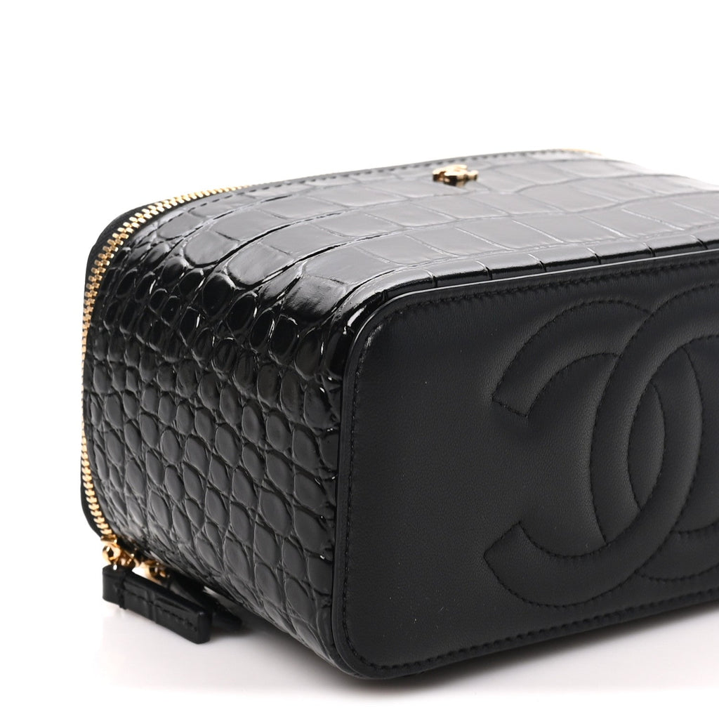 Calfskin Crocodile Embossed Crococo Small Top Handle Vanity Case With Chain Black