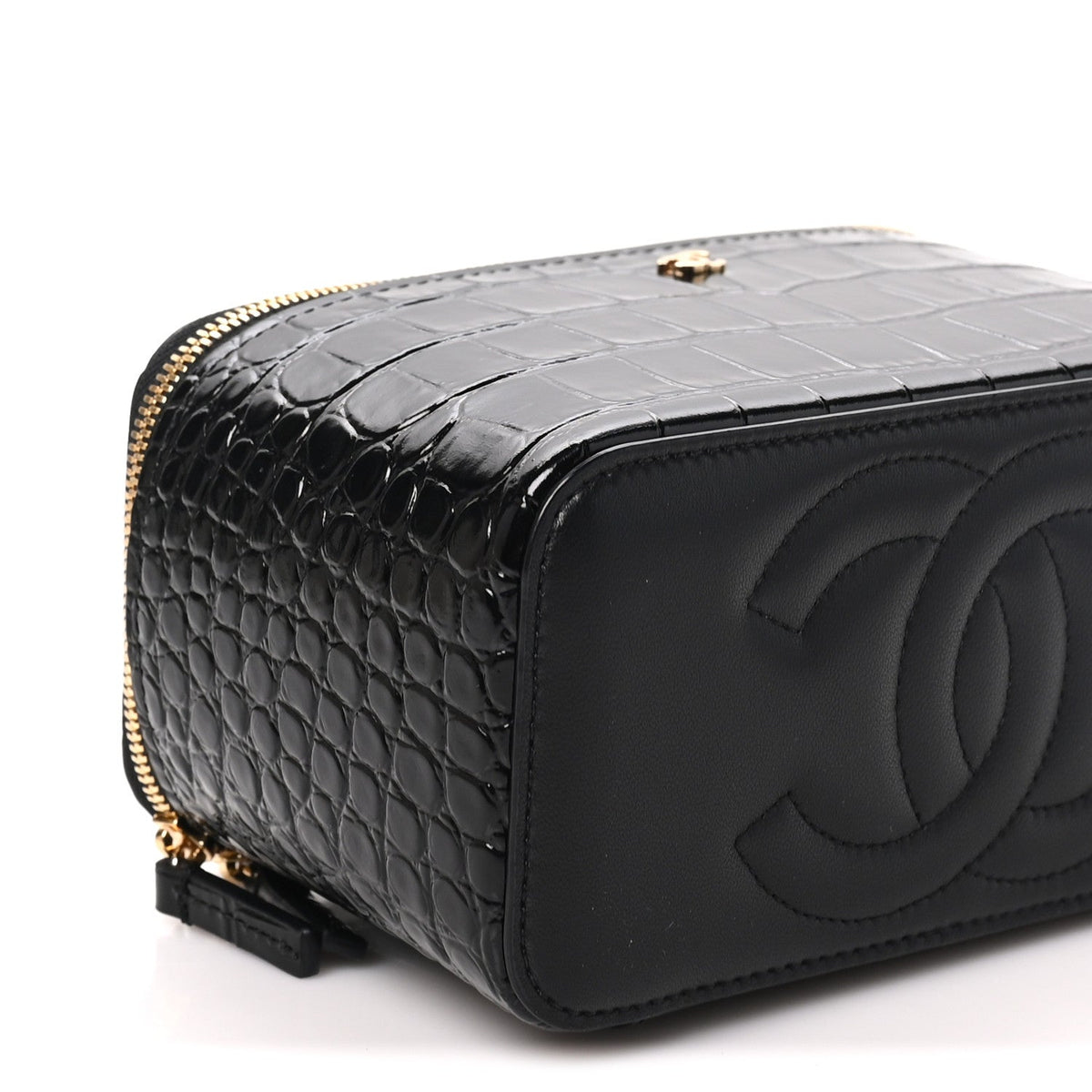 Calfskin Crocodile Embossed Crococo Small Top Handle Vanity Case With Chain Black
