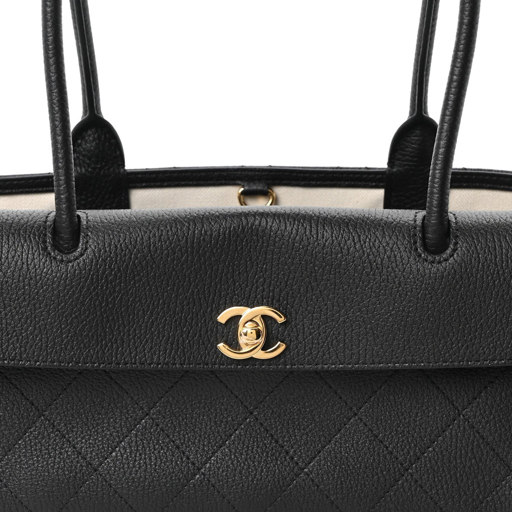 Grained Calfskin Stitched Urban Essentials Small Shopping Bag Black