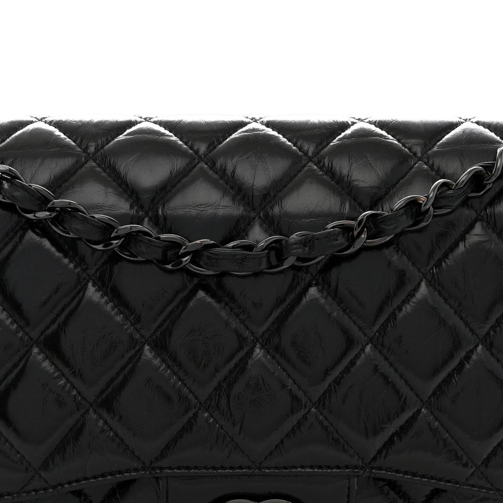 Shiny Distressed Calfskin Quilted Jumbo Double Flap So Black