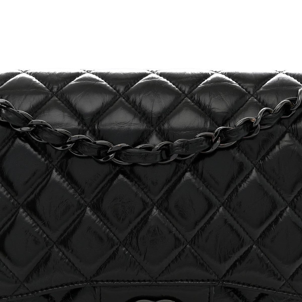 Shiny Distressed Calfskin Quilted Jumbo Double Flap So Black