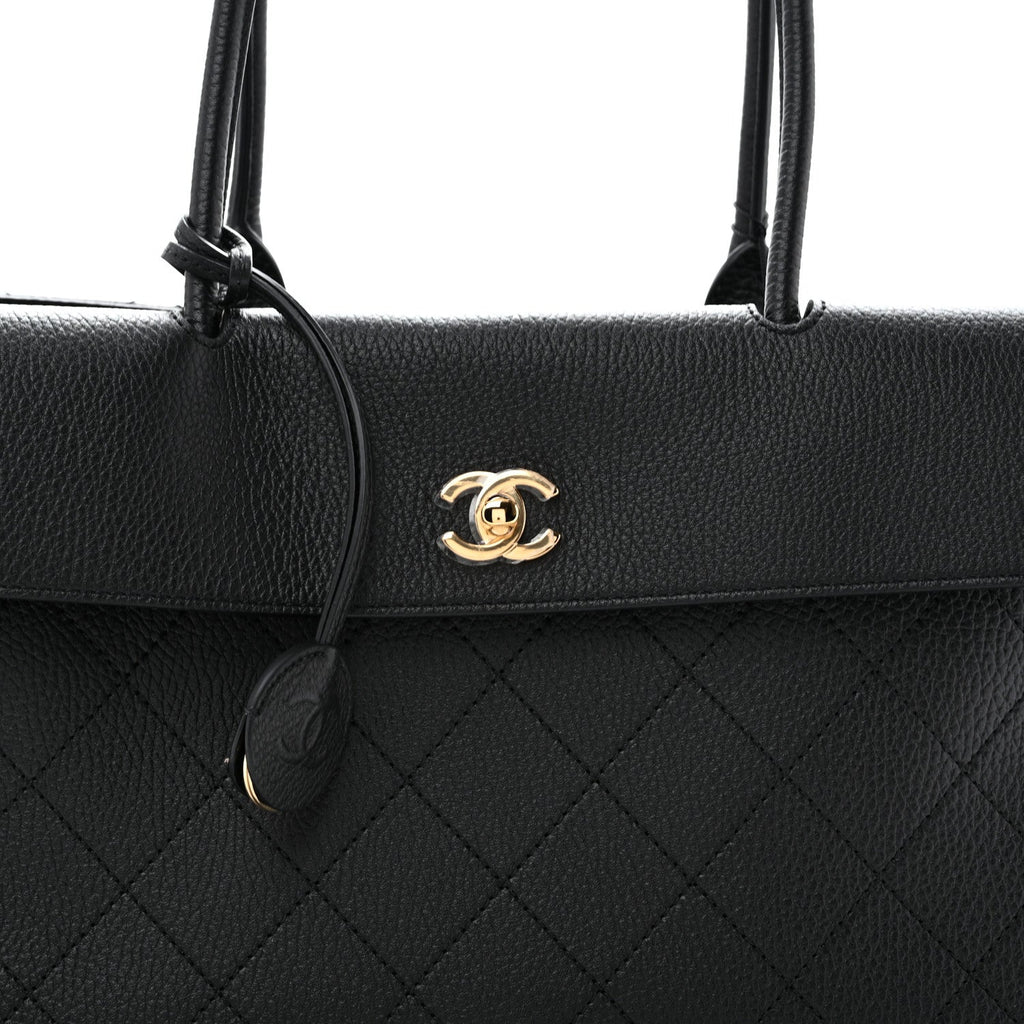 Grained Calfskin Stitched Urban Essentials Shopping Bag Black