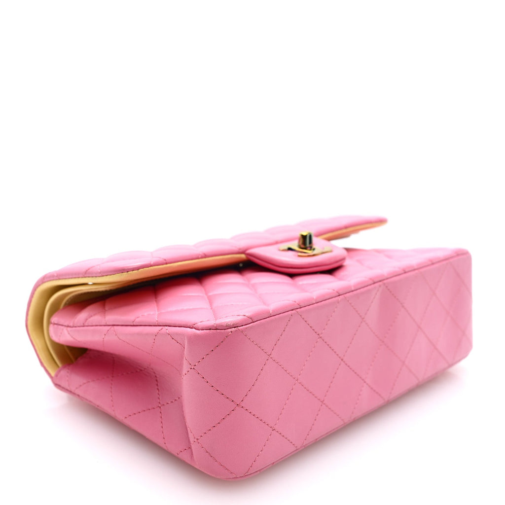 Lambskin Quilted Small Double Flap Pink Yellow