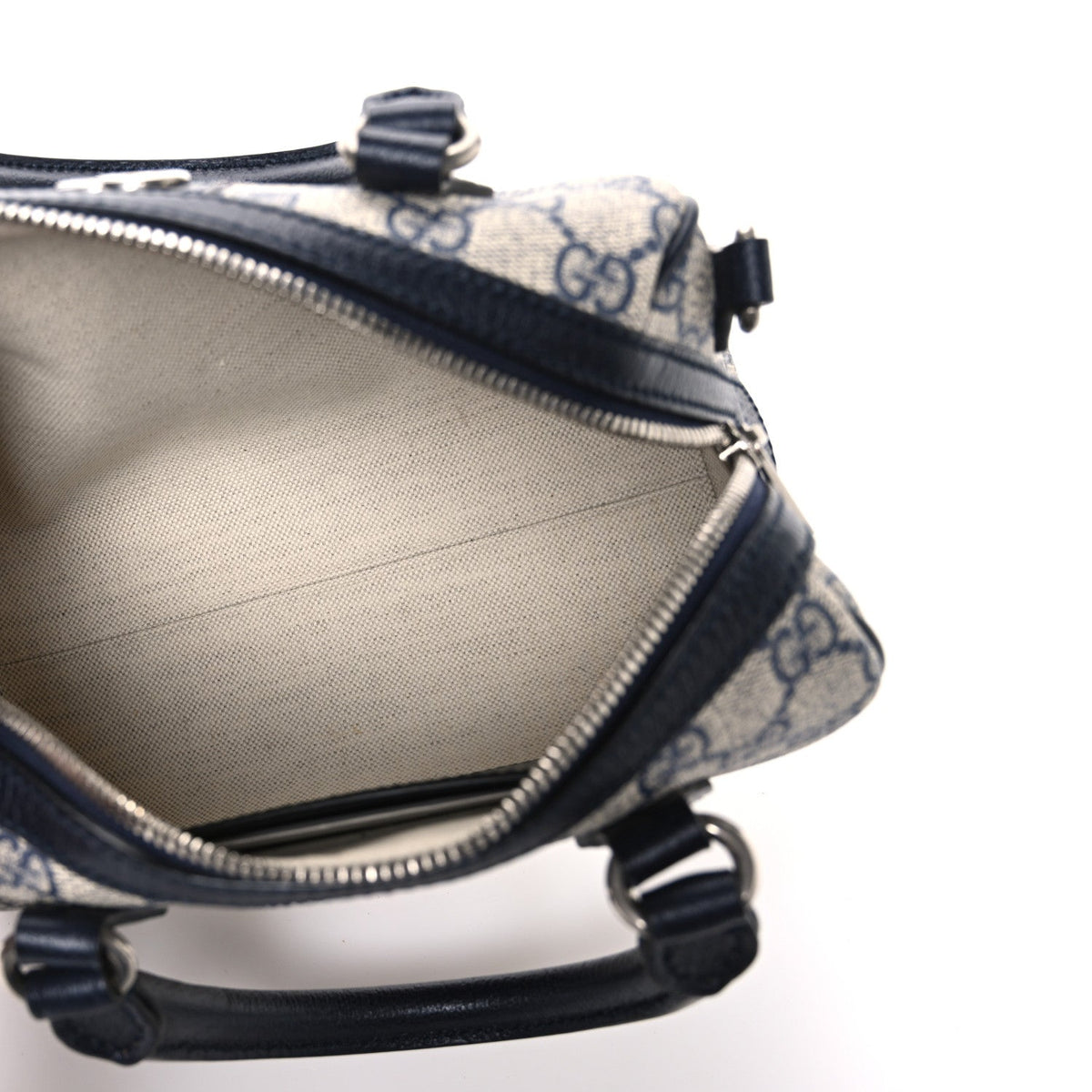GG Supreme Monogram Textured Dollar Calfskin Web Mini Ophidia Top Handle Bag Beige Blue