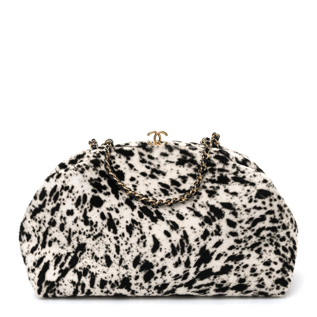 Lambskin Pony Hair Printed Clutch With Chain Black White