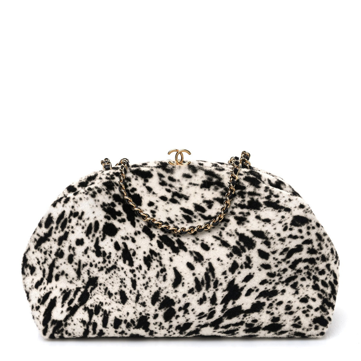 Lambskin Pony Hair Printed Clutch With Chain Black White