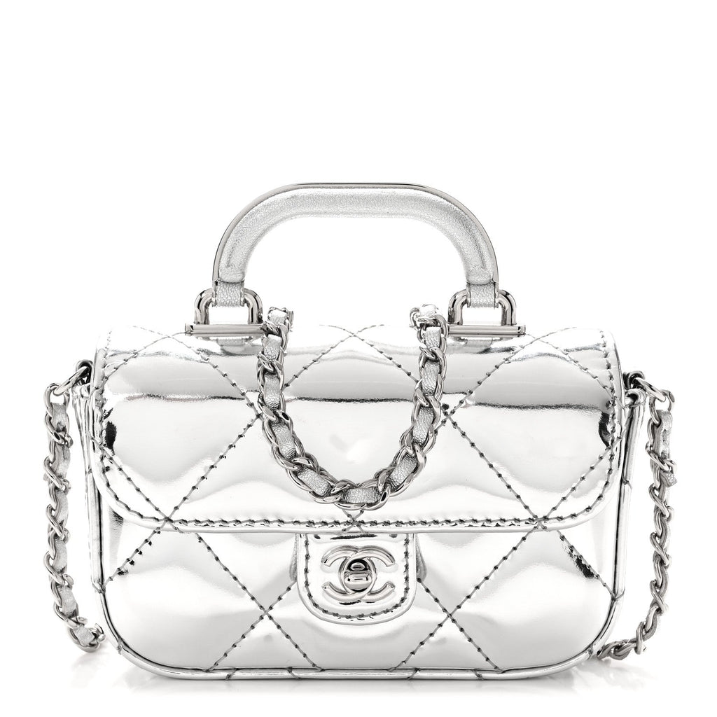 Mirror Calfskin Small Top Handle Clutch With Chain Silver