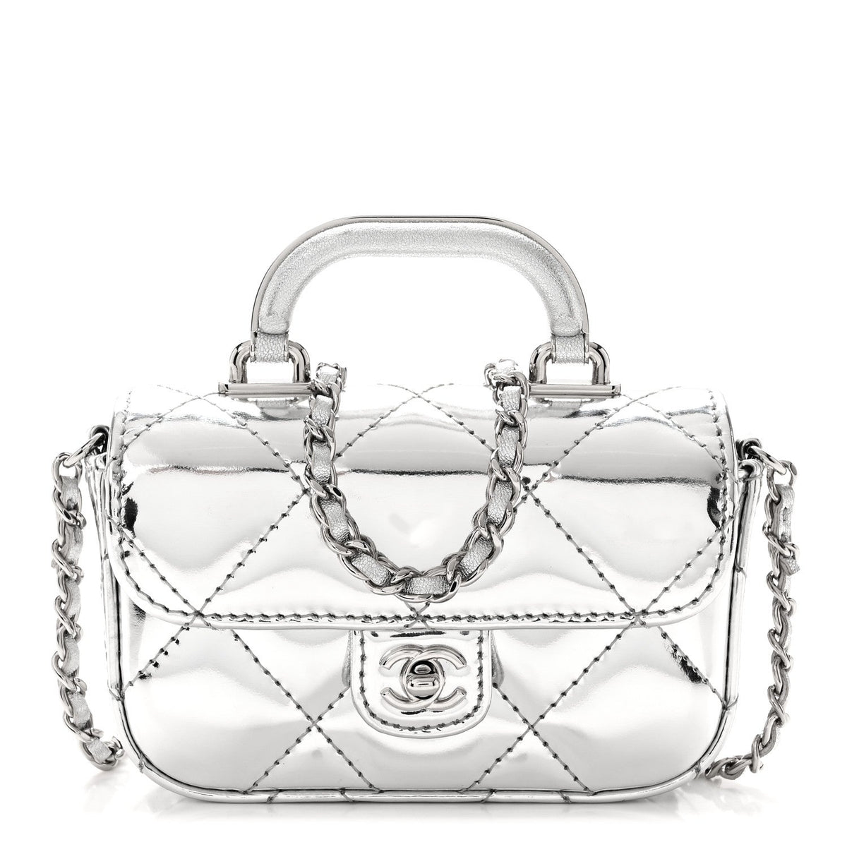 Mirror Calfskin Small Top Handle Clutch With Chain Silver