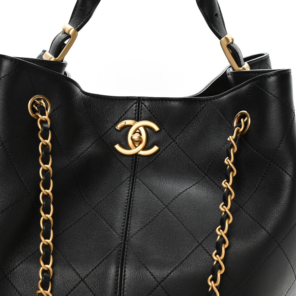 Calfskin Quilted Large Coco Base Shopping Bag Black