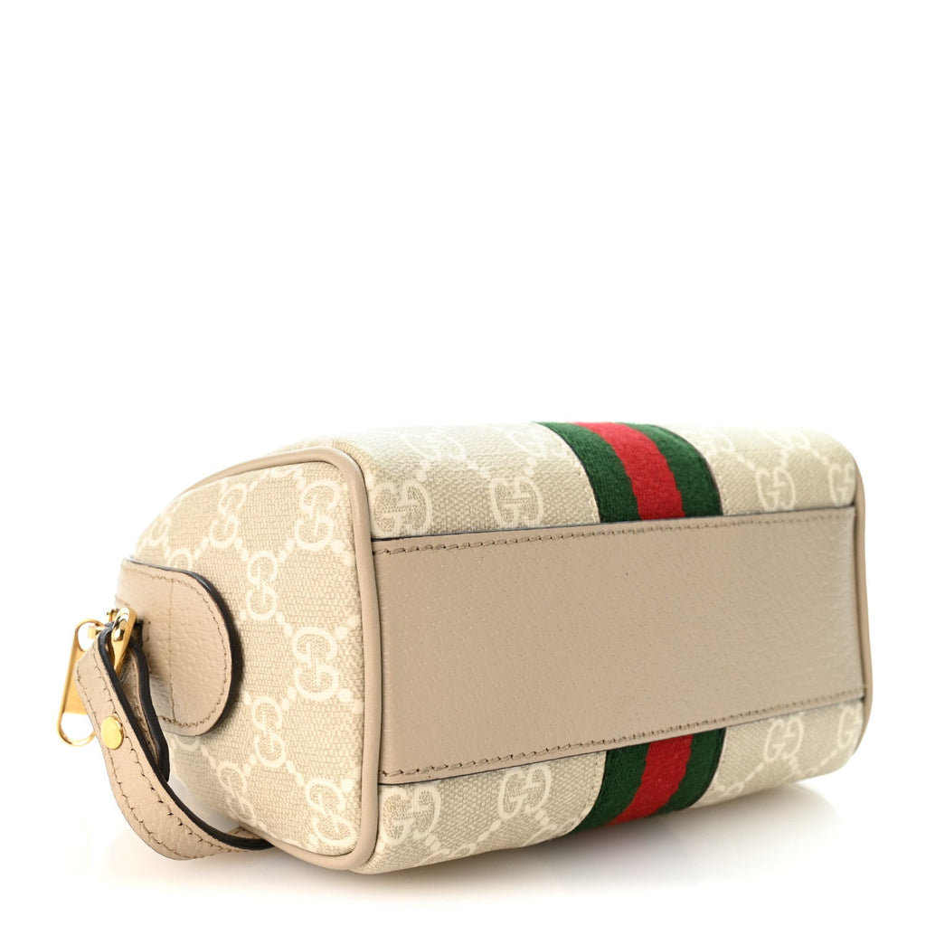 GG Supreme Monogram Textured Dollar Calfskin Web Super Mini Ophidia Top Handle Bowler Bag Beige Mystic White Oatmeal