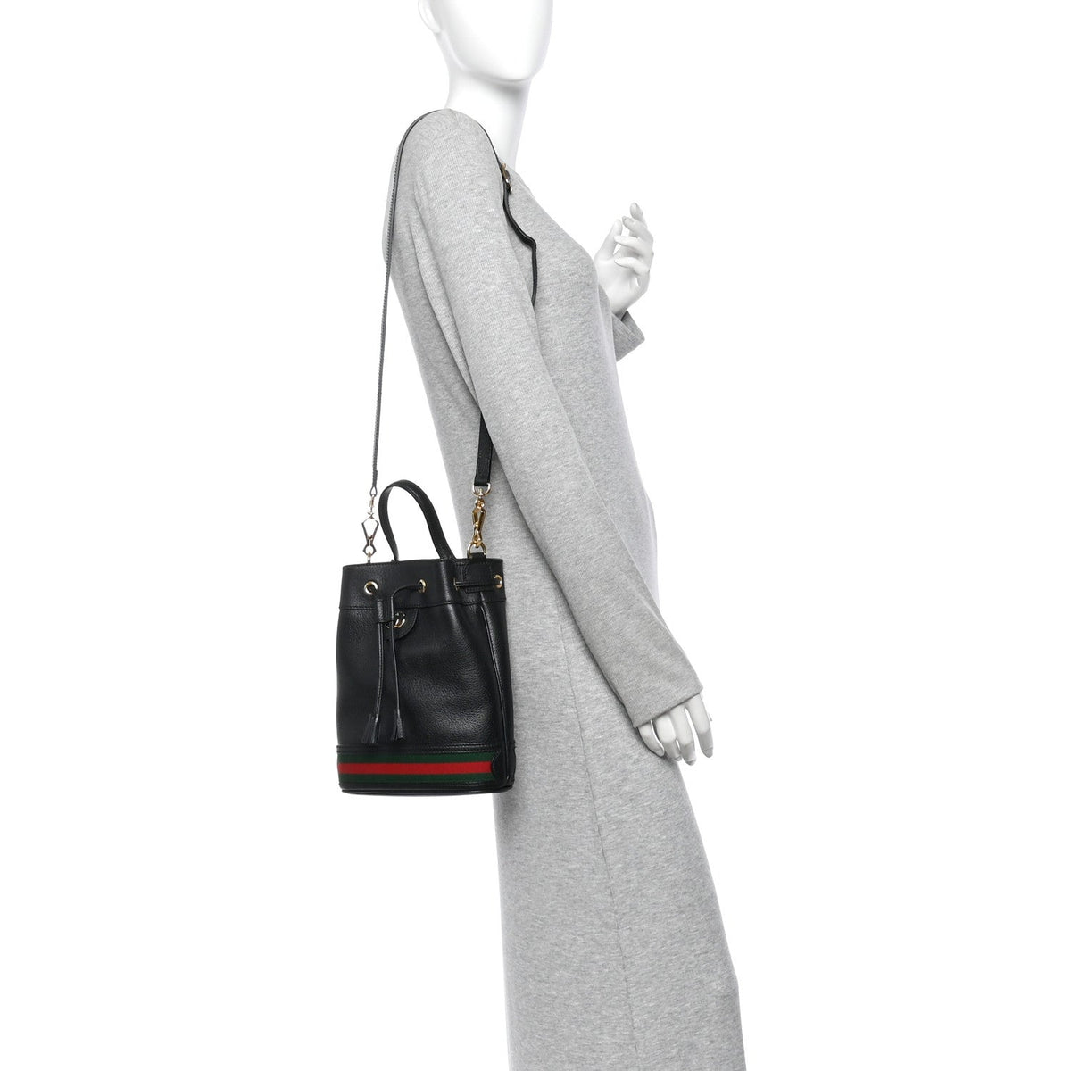 Glazed Textured Calfskin Web Small Ophidia Bucket Bag Black