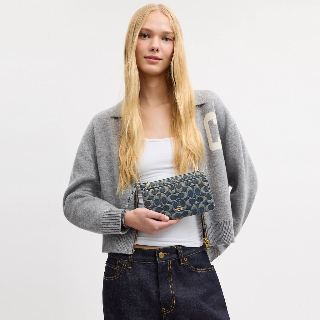 Coach Outlet Double Zip Wristlet In Signature Regenerative Cotton Denim