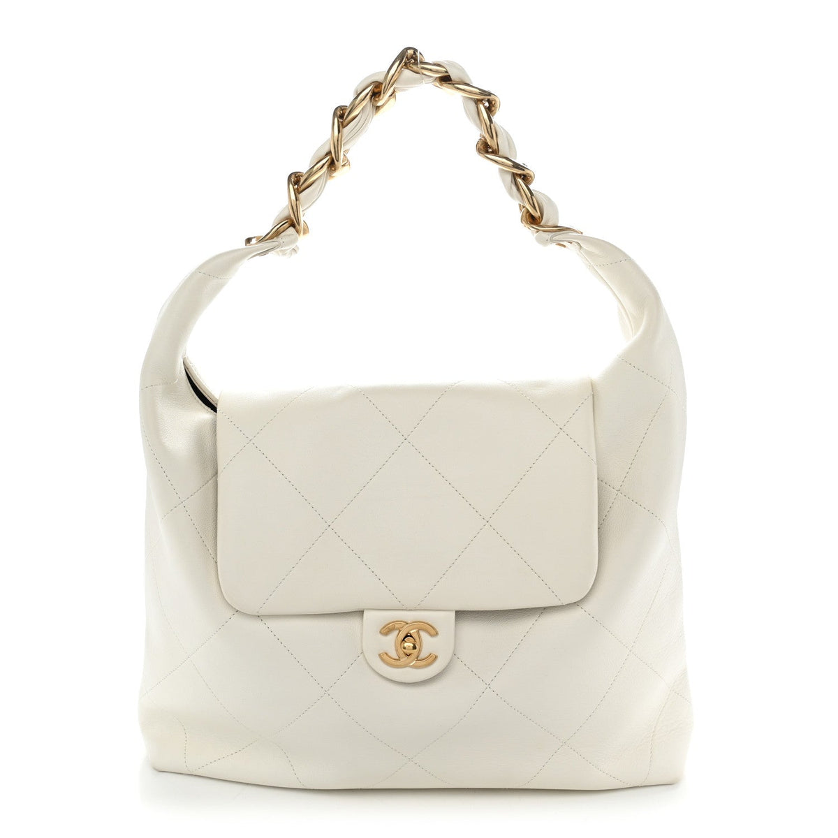 Calfskin Quilted Small Maxi Chain Hobo White