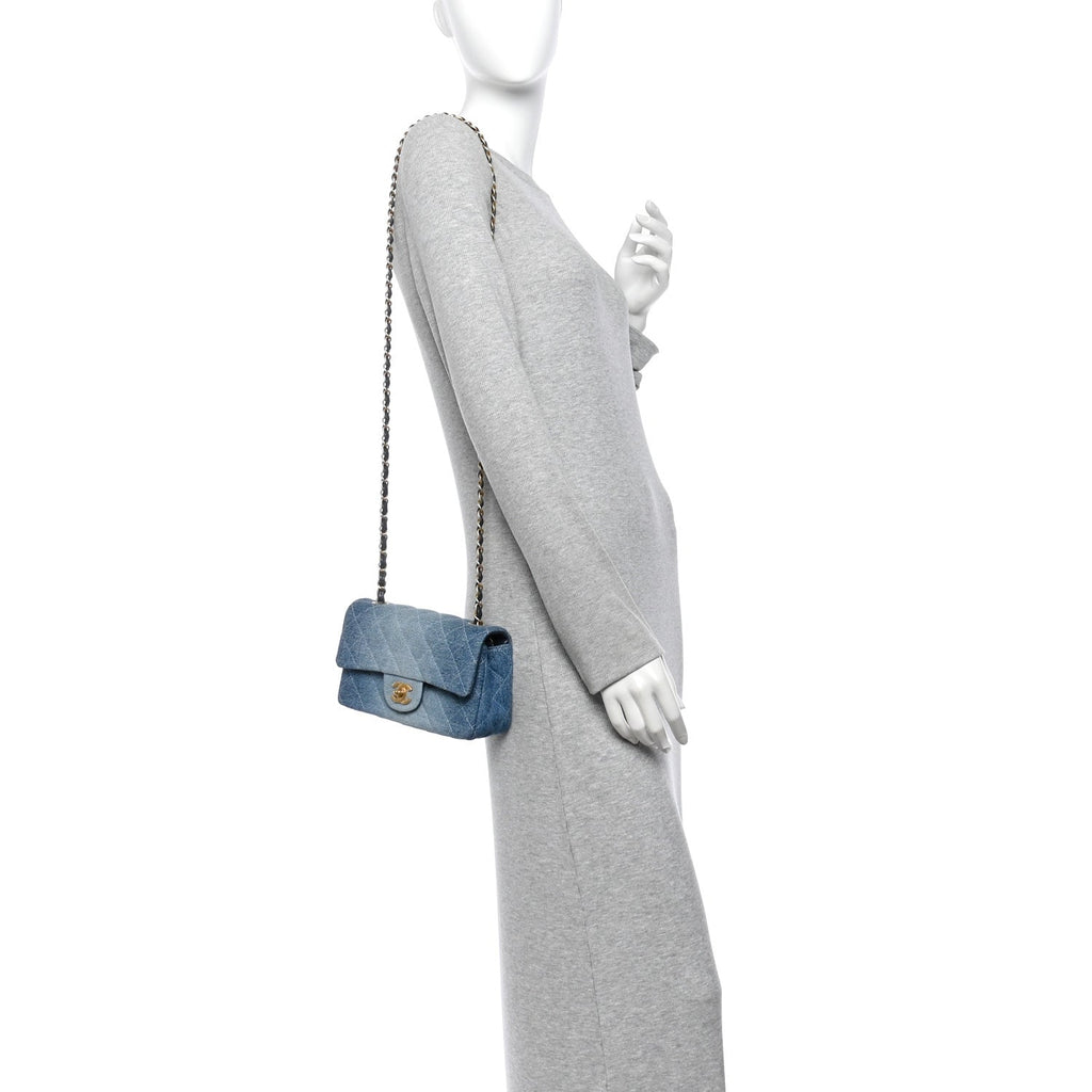 Washed Denim Quilted Mini Rectangular Flap  Blue