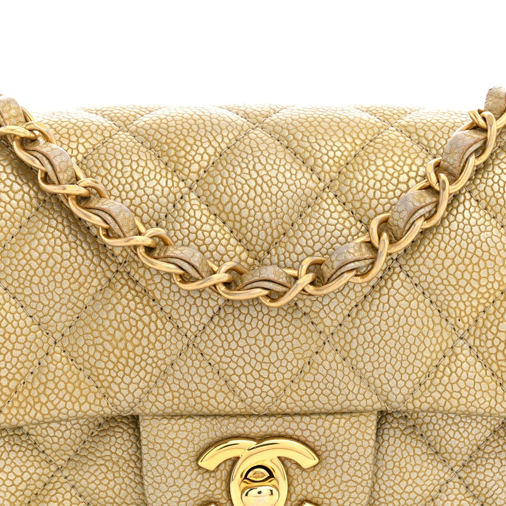 Metallic Caviar Quilted Mini Rectangular Flap Gold