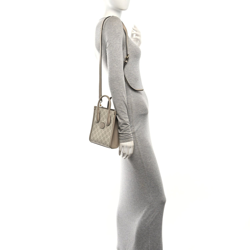 GG Supreme Monogram Textured Dollar Calfskin Mini Retro Interlocking G Tote Bag Beige Mystic White Oatmeal