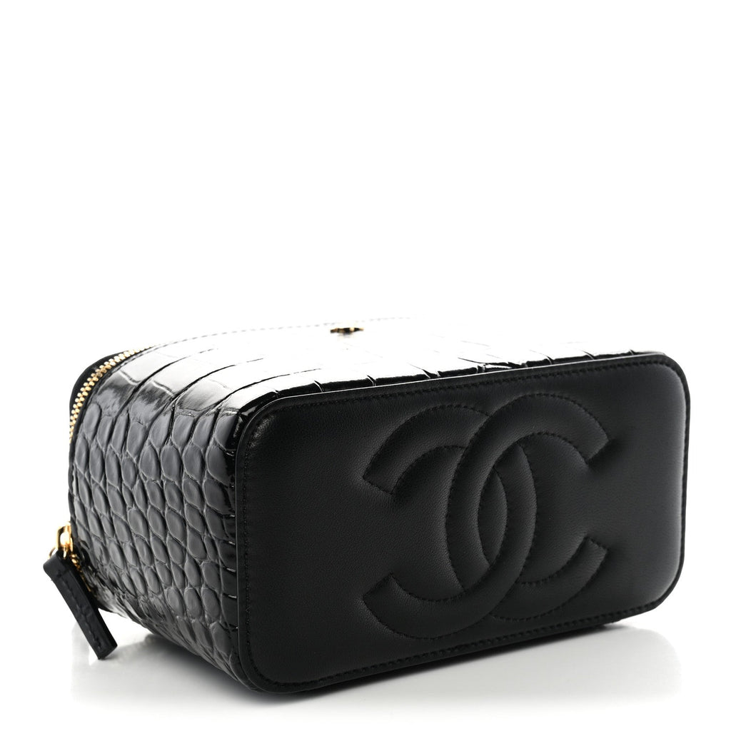 Calfskin Crocodile Embossed Crococo Small Top Handle Vanity Case With Chain Black