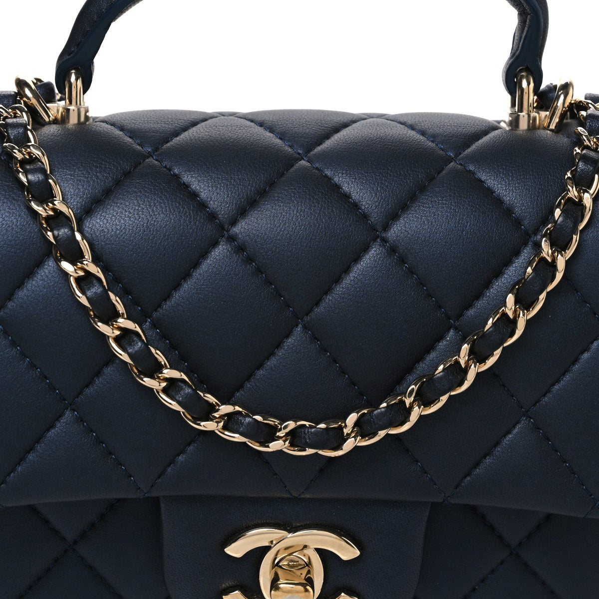 Iridescent Lambskin Quilted Mini Top Handle Rectangular Flap Dark Blue