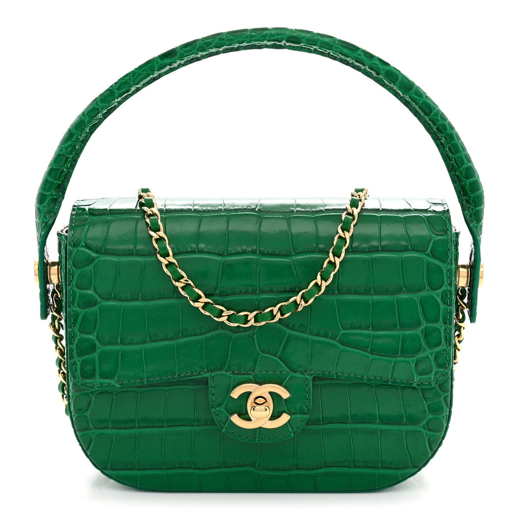 Calfskin Crocodile Embossed Turn Around Mini Flap Emerald